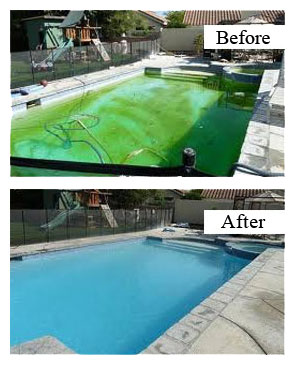 Cleaning a dirty swimming pool, before and after photos